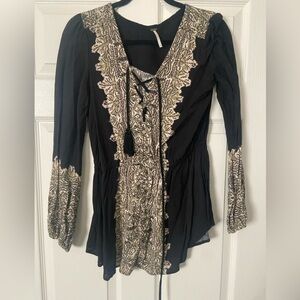 Free People Black and Cream Boho Blouse